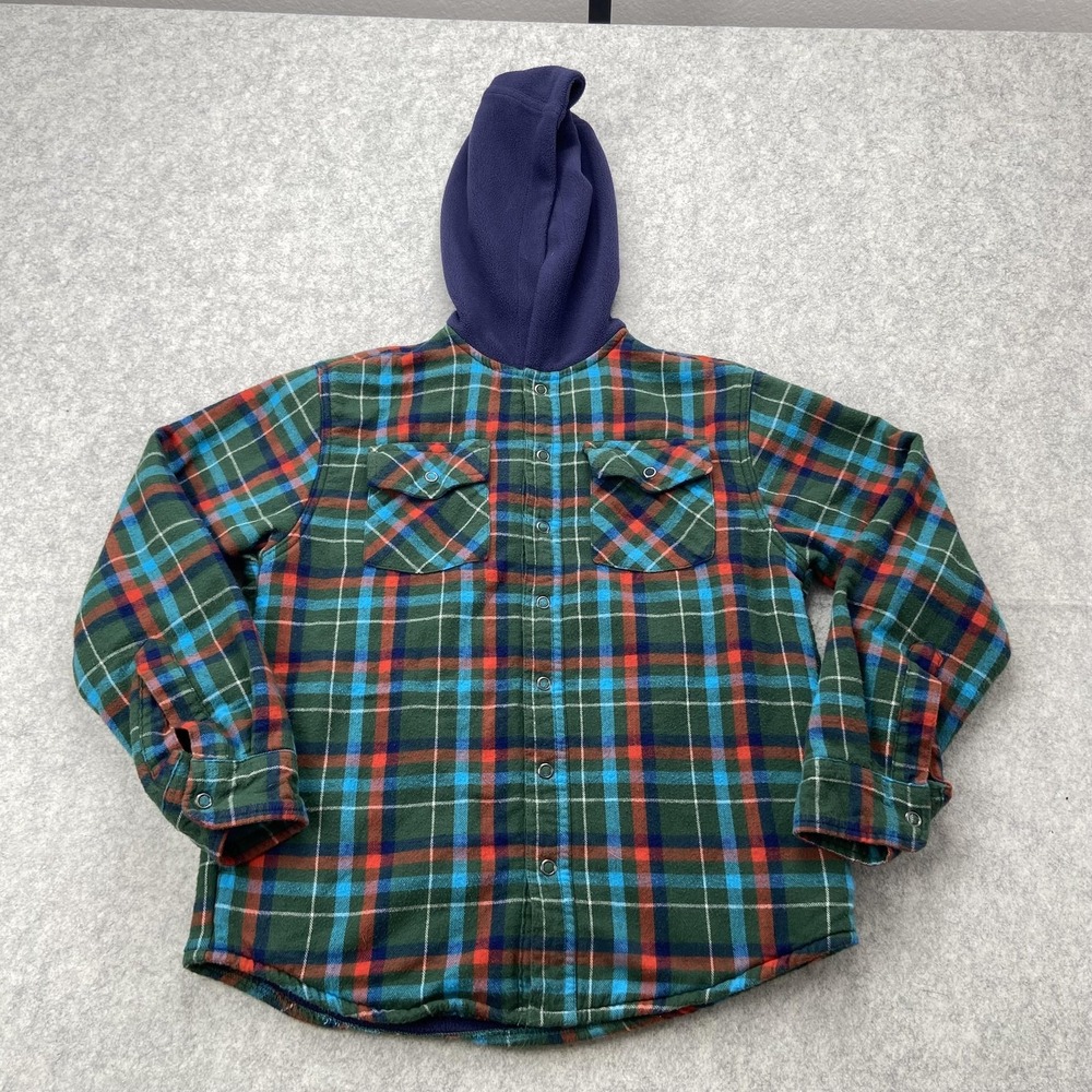 L.L.Bean Kids Jacket 8 Green Plaid Hooded Flannel Fleece Lined Snap Shirt 502123